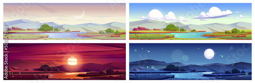 Cartoon nature landscape at early morning, day, evening sunset and night time. Green field with pond, grass, rocks picturesque scenery backgrounds, natural tranquil scenes, Vector illustration, set