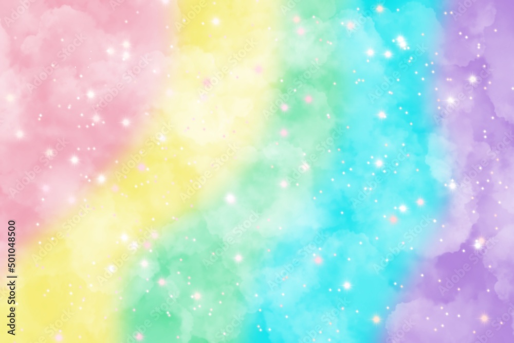 Abstract fantasy rainbow  unicorn background. Holographic background with magic sparkles, stars.