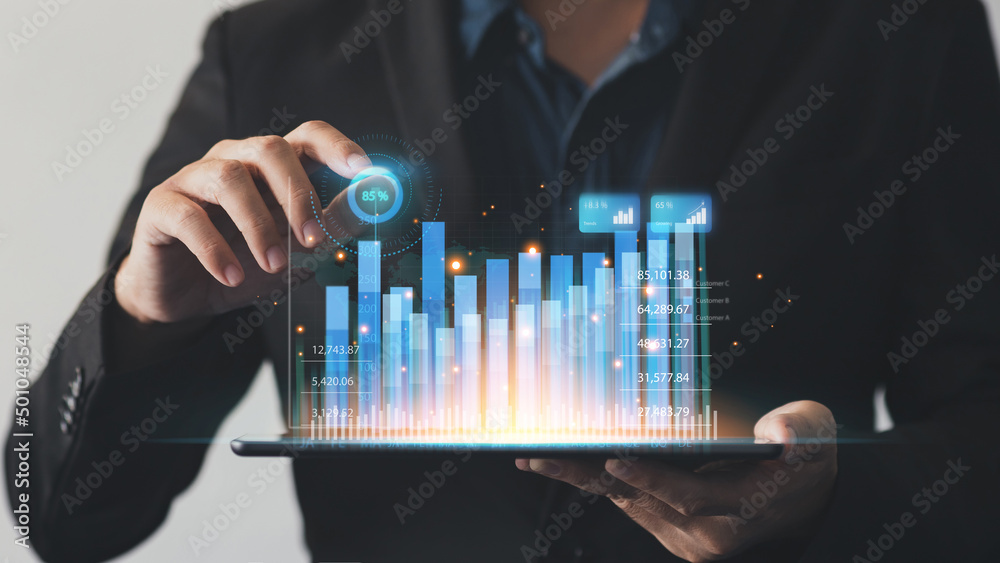 Business analyzing big data screen and economic growth with financial diagram graph. Concept of virtual dashboard technology digital marketing and global economy network connection. 3D illustration. Business analyzing big data screen and economic growth with financial diagram graph. Concept of virtual dashboard technology digital marketing and global economy network connection. 3D illustration.