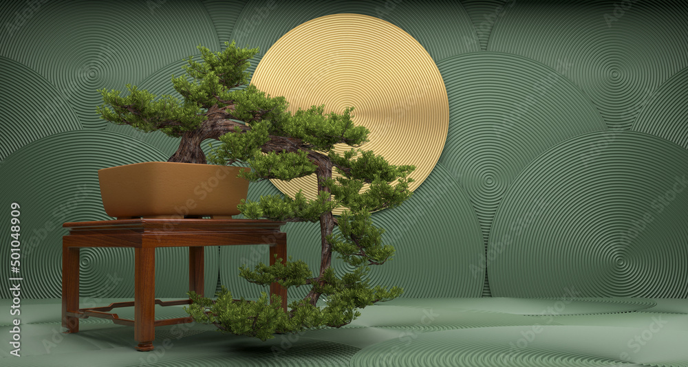 bonsai tree on a green background. 3d rendering - obrazy, fototapety, plakaty 