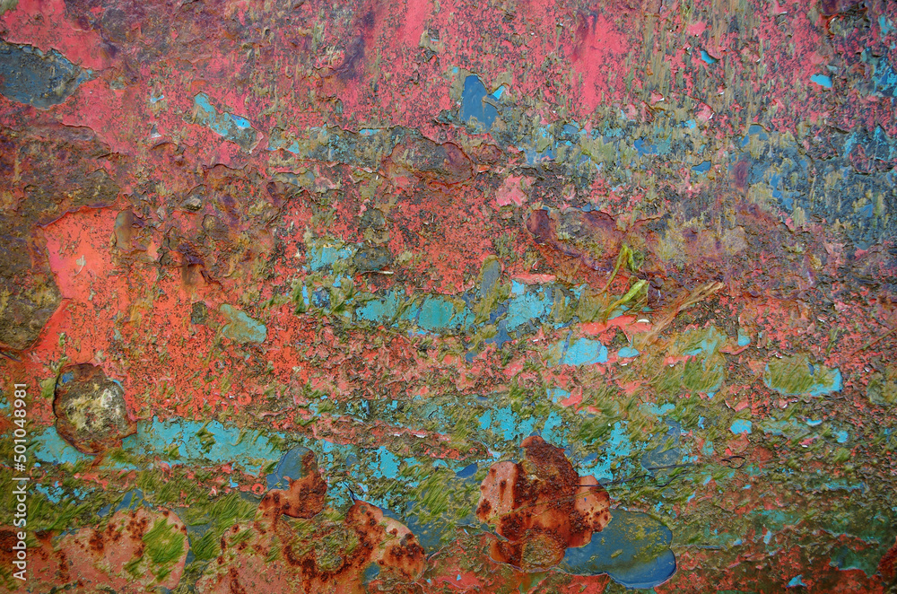 Rusty iron covered with paint residue.