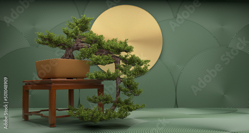 bonsai tree on a green background. 3d rendering