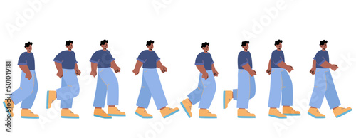 Man walk animation, sequence frame for game. Cycle stages of african teenager walking, going motion sprite sheet. Passerby, pedestrian movement sprite sheet, Cartoon flat vector line art illustration
