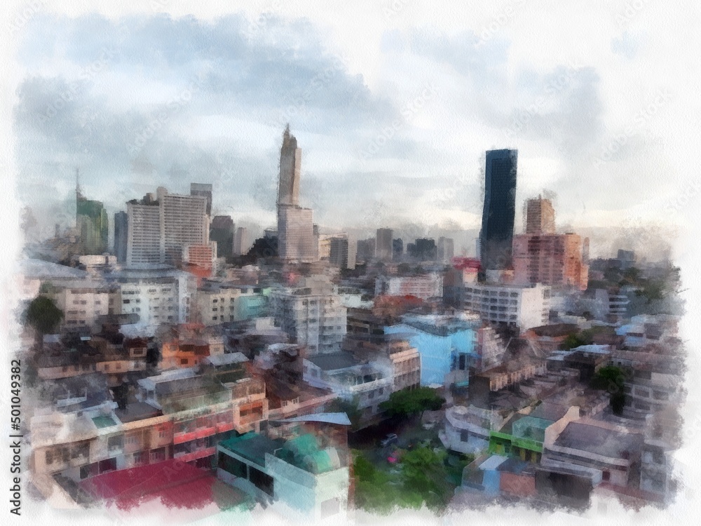 Obraz premium Landscape of streets and buildings in Bangkok city watercolor style illustration impressionist painting.