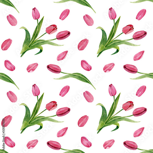 Dynamic watercolor pattern with tulip flowers, bouquet. Flowers on a stalk. Seamless texture on a white background. #501049300