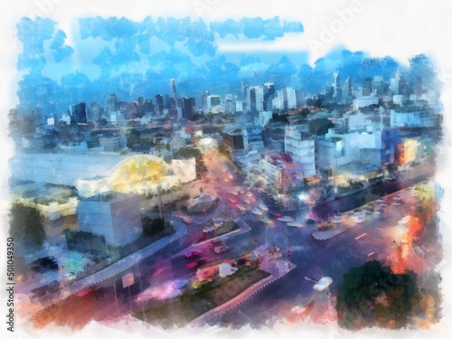 Landscape of streets and buildings in Bangkok city watercolor style illustration impressionist painting.