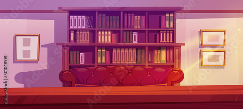 Luxury old living room or library interior with wooden table, bookcase, leather coach and pictures hang on wall. Cabinet, place for reading with sofa and bright sunshine, Cartoon vector illustration