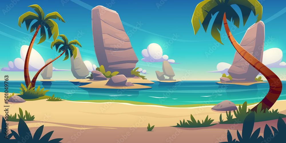 Tropical beach landscape with palm trees, golden sand and rocks in blue water under sky with fluffy clouds. Beautiful paradise seaside, island in ocean, game location, Cartoon 2d vector illustration - obrazy, fototapety, plakaty 