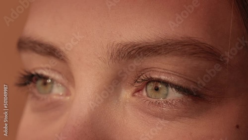 Slow motion. Close up macro zoom shot of eyes. Beautiful girl with pretty face. Young woman eyes opening while looking at Camera, having long nice Eyelashes. Caucasian woman face.