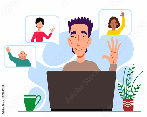 Illustration of a virtual meeting with different people who say hello. The concept of an online meeting with young men and women. Freelancers greet each other. Vector illustration in a flat style