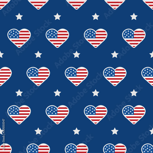Independence Day of USA. Seamless pattern with hearts. Holiday background for 4th of July celebration. National Freedom Day. Vector illustration in flat cartoon style.