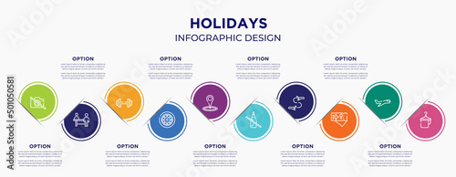 holidays concept infographic design template. included no photos, persons in an airport, gym dumbbell, car parts, place point, no drink, flight transfer, airplane tickets, hanger with a towel for