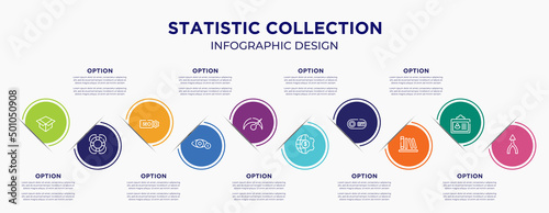 statistic collection concept infographic design template. included unboxing, rescue, seo label, views, velocity, finances, on, calibre, merging for abstract background.