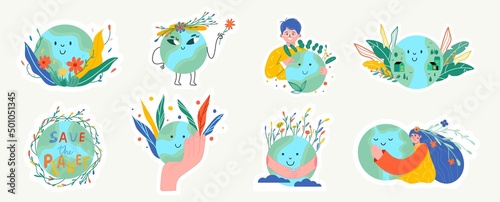 Happy Earth Day sticker! Ecology, recycle, zero waste set with save environment vector illustration. Eco badges with girl, nature plant. Design for shopping bag, t-shirt, apparel, clothes, banner
