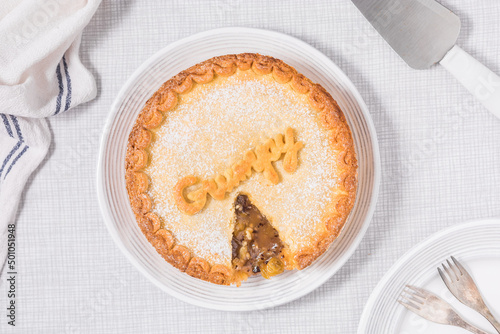 Fotografie, Obraz Gooseberry pie with Grumpy sign on it, popular dish from fairytale Snow white an