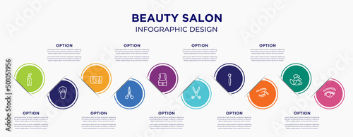 beauty salon concept infographic design template. included liquid makeup, blush brush, makeup purse, manicure scissors, women waist, hairdresser scissors, two hairpins, eye shadow makeup, woman eye