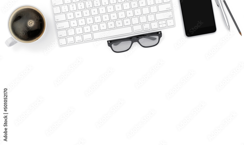 Keyboard, smartphone and coffee cup on white table, top view with copy space, 3d illustration Keyboard, smartphone and coffee cup on white table, top view with copy space, 3d illustration