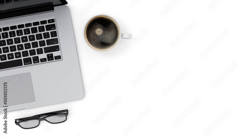 Laptop, coffee cup and glasses on white table, top view with copy space, 3d illustration Laptop, coffee cup and glasses on white table, top view with copy space, 3d illustration