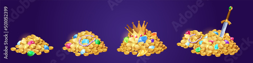 Gold coins heaps with gems and jewelry. Ancient treasure with piles of money for fantasy game of medieval adventure or pirates. Vector cartoon illustration of golden coins, diamonds, crown and sword