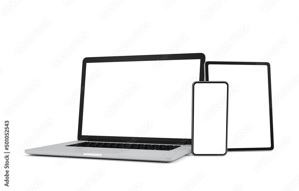 Laptop, smart phone and tablet with blank screen isolated on white background, 3d illustration, clipping path. Laptop, smart phone and tablet with blank screen isolated on white background, 3d illustration, clipping path.