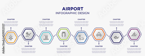 airport concept infographic template with 8 step or option. included airplanes and arrows  airport  airport security portal  parking car  taxi transportation  null icons for abstract background.