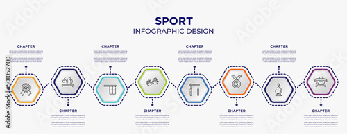 sport concept infographic template with 8 step or option. included first prize, gymnastics, hand, horizontal bar, bronze, vaulting horse icons for abstract background.