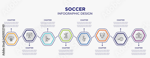 soccer concept infographic template with 8 step or option. included basketball hoop, goalie, powerbocking, squat, chest protection, emergencies icons for abstract background.