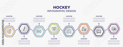 hockey concept infographic template with 8 step or option. included muscular, flyboard, protections, gym bars, gym station, hockey helmet icons for abstract background.
