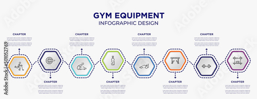 gym equipment concept infographic template with 8 step or option. included bowman, crank, isotonic, drag racing, hurdle, bench press icons for abstract background.