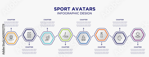 sport avatars concept infographic template with 8 step or option. included rugby player, hockey pitch, puck, horsewoman, , waterpolo player icons for abstract background.