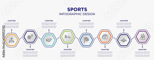 sports concept infographic template with 8 step or option. included sheave, tire pressure, kart racing, victory lap, mph, rugby goal icons for abstract background.