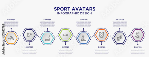 sport avatars concept infographic template with 8 step or option. included horsepower, oil down, sport sunglasses, boxing shoe, protector, karateka icons for abstract background.