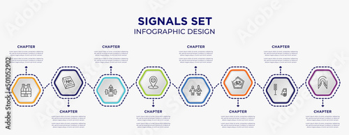 signals set concept infographic template with 8 step or option. included high visibility vest, 3d dictionary, placeholder point, girl and boy, ecological bicycle transport, tunnel icons for abstract