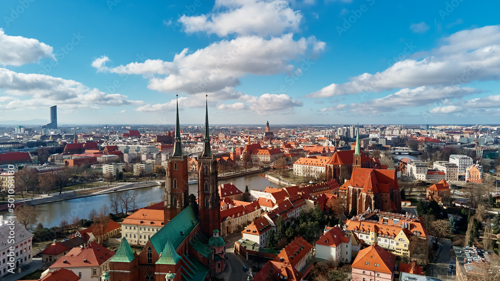 Aerial panorama of Wroclaw city with Tumski island in Poland, Urban cityscape with historical european architecture