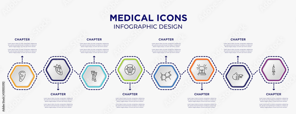 Naklejka premium medical icons concept infographic template with 8 step or option. included human ear shape, heart organ, toxic, biology shape, emergency light, syringe with medicine icons for abstract background.
