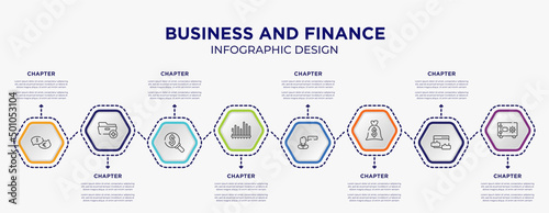 business and finance concept infographic template with 8 step or option. included talking about money, folder with plus, seven bars chart, user review, big dollar bag, safe locker icons for abstract