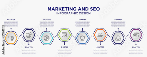 marketing and seo concept infographic template with 8 step or option. included data cloud, responsive marketing, add link, justice balance, optimizer, rating stars icons for abstract background.