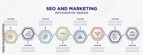 seo and marketing concept infographic template with 8 step or option. included diagrams, buzz, aerial advertising, null, mass media, ppc icons for abstract background.