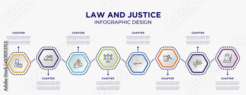 Photographie law and justice concept infographic template with 8 step or option