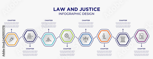 law and justice concept infographic template with 8 step or option. included violence, stenographer, investigation, justice scale, convict, contract law icons for abstract background.