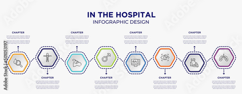 in the hospital concept infographic template with 8 step or option. included blood analysis, female body, female, electrocardiogram on screen, eye scanner medical, lungs organ icons for abstract