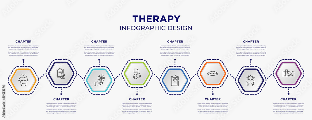 therapy concept infographic template with 8 step or option. included dental crown, medical certificate, sesame, health report, soya, thalassotherapy icons for abstract background. - obrazy, fototapety, plakaty 