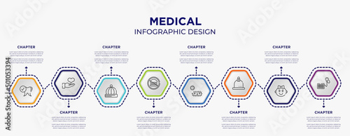 medical concept infographic template with 8 step or option. included healthy tooth, donator, no junk food, bacterium, cupping, tensiometer icons for abstract background.
