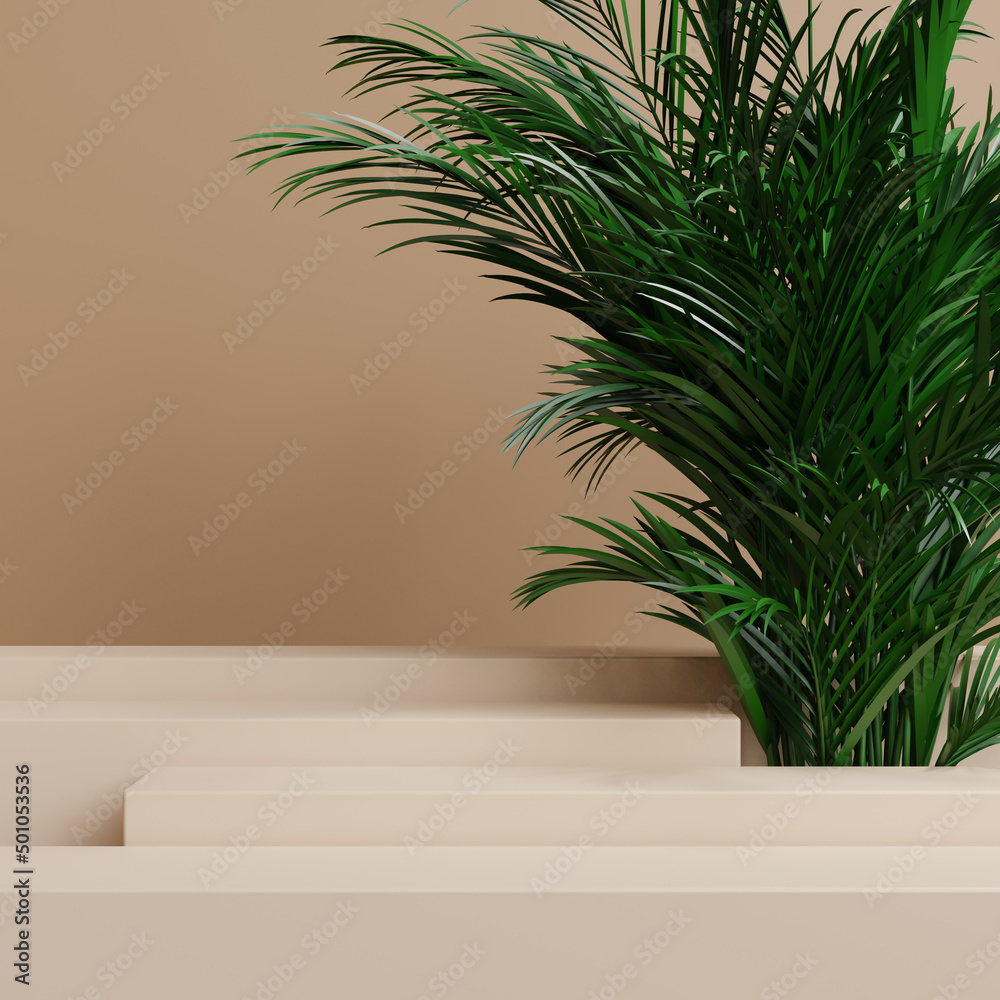 Fototapeta premium Minimal abstract cosmetic background and green palm leaf for product presentation, 3d illustration.