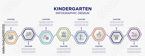kindergarten concept infographic template with 8 step or option. included pitch, driving lessons, pillars, golf field, sandbox, hobby horse icons for abstract background.