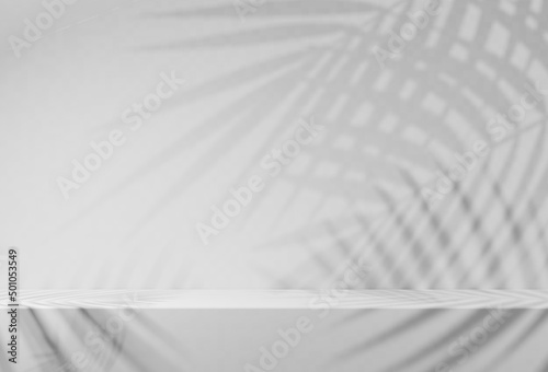 Modern white and gray geometric pedestal podium. platform in shadow. abstract white and gray minimal wall scene. cosmetic product display presentation. 3d rendering.