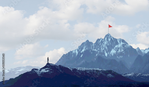 Business success challenge and climbing a high mountain metaphor as a businessman with a goal of retreiving a red flag from the peak or summit