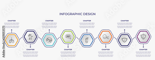 concept infographic template with 8 step or option. included lungs, hand, group, test tube, cough, shield icons for abstract background.