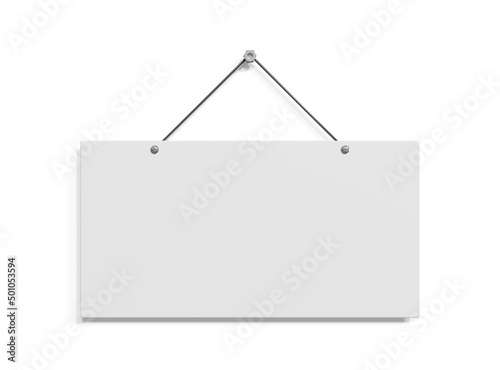 Sign hanging on white wall. signboard mockup isolated banner on white background. 3d illustration.