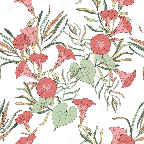 Tropical leaves and flowers . Seamless vector pattern